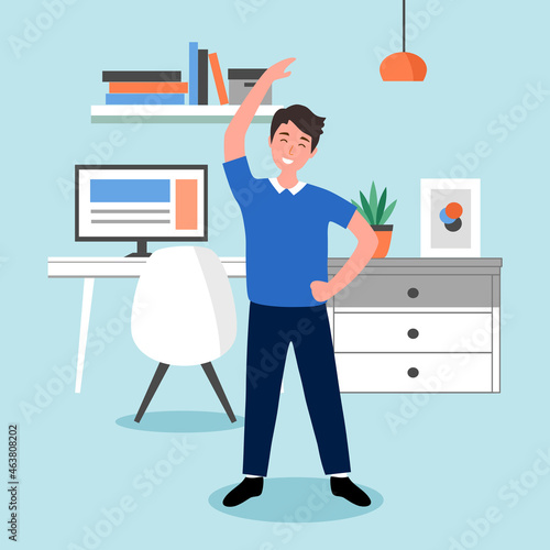 Businessman doing exercise in office concept vector illustration. Office syndrome prevention. Stretching exercise.