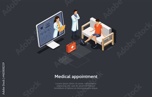 Vector Illustration, Cartoon 3D Style. Isometric Composition, Medical Appointment Conceptual Design With Writing. Online Consultation, Healthcare Internet Service. Computer Screen, Doctors And Patient