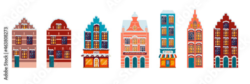 set of Dutch and Belgian houses. Vector illustration in a flat style. Fabulous Christmas houses with snow on the roof. European architecture of the 17th century