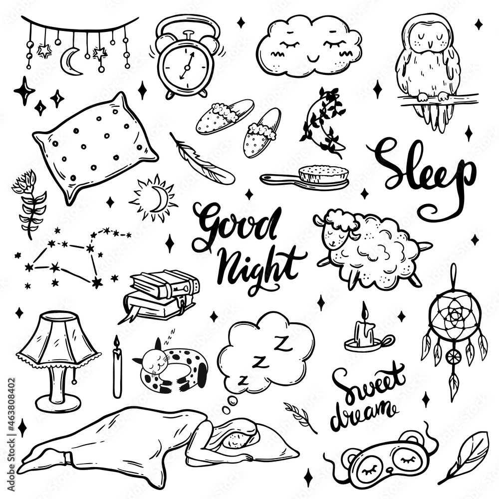 Vector set with elements on the theme of sleep. pillow, owl, lamb, sleeping girl, stars, night light. doodle style. good night. sleep