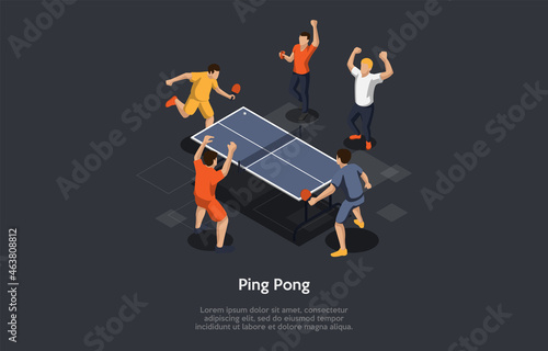 Ping Pong Game Concept Vector Illustration On Dark Background With Writings. Isometric Composition In Cartoon 3D Style. Characters, Objects. Group Of People Playing. Special Table With Net, Rackets