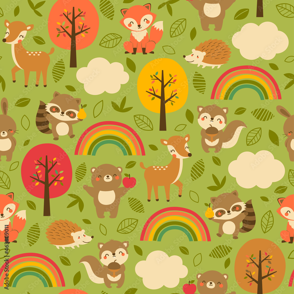 Fototapeta premium Cute woodland animals seamless pattern with autumn background.