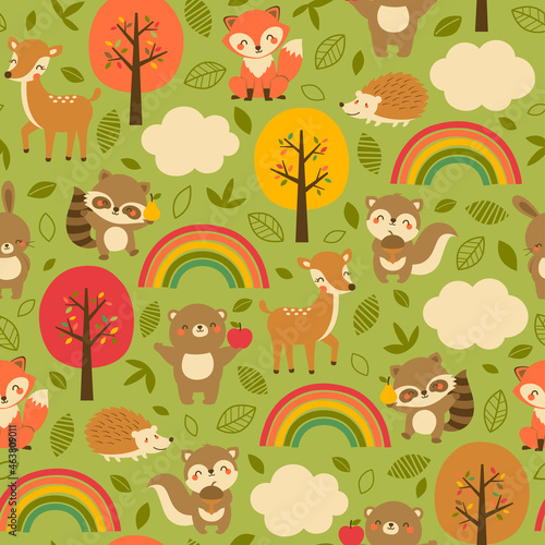 Cute woodland animals seamless pattern with autumn background.