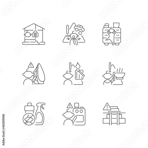 Kids injuries danger linear icons set. Prevent injuries and burns. Hazard situations for infants. Customizable thin line contour symbols. Isolated vector outline illustrations. Editable stroke