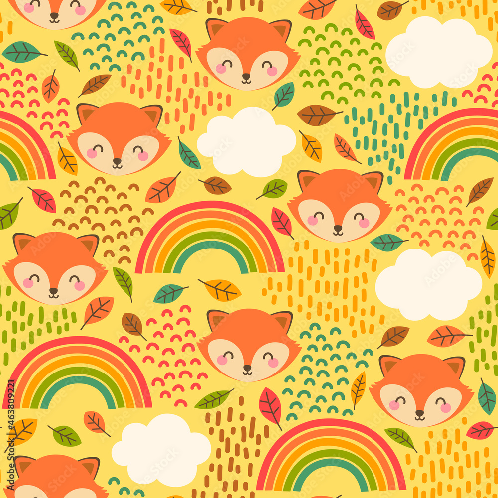 Cute fox with rainbow, cloud and falling leaf seamless pattern background. Autumn illustration concept.