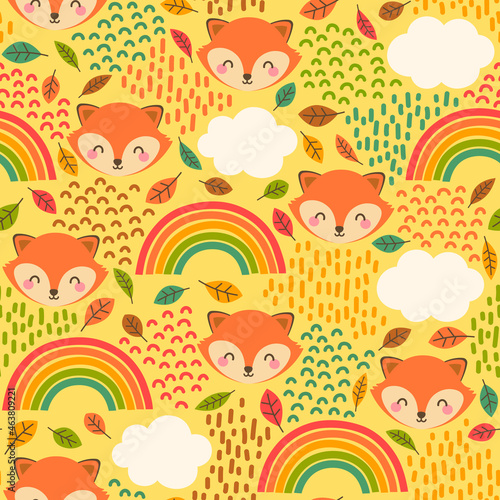 Cute fox with rainbow, cloud and falling leaf seamless pattern background. Autumn illustration concept.