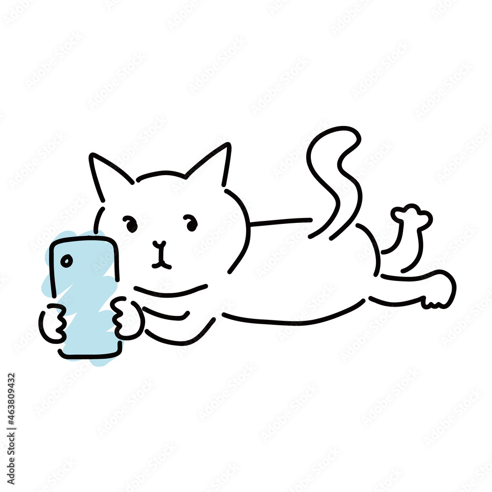 スマホ持って寝そべっている猫 スマホ持って寝そべっている猫
