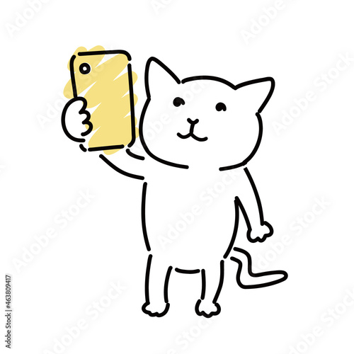 猫、白猫、ネコ、ねこ、遊ぶ、楽しい、カメラ、かわいい、表情、手描き、写真、写真撮影、撮影、動物、ラフ、手描き風、隠し撮り、こっそり、スマホ、スマートフォン、携帯、端末、電話、アプリ、メール、sns、検索、ネット、笑顔、簡単、入力、連絡、予約、調べる、スマホ決済、電子マネー、決済アプリ、支払い、チャージ、携帯電話、ゆるい、シンプル、電子機器、インターネット、ベクター、アイコン、キャラクター、挿絵、ア