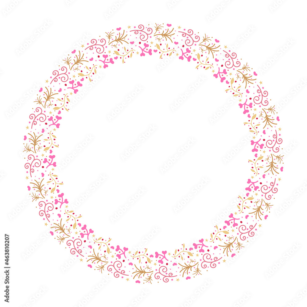 Holiday decoration floral round isolated on white background. Unique design element for greeting card for Saint Valentine's Day in vector. Floral frame in golden and pink colors Holiday decoration floral round isolated on white background. Unique design element for greeting card for Saint Valentine's Day in vector. Floral frame in golden and pink colors