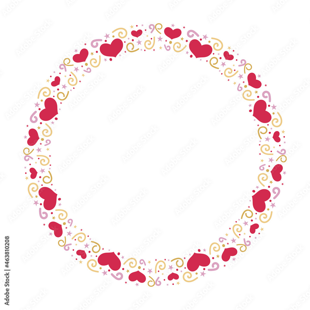 Holiday decoration round with heart and curl isolated on white background. Unique design element for greeting card for Saint Valentine's Day in vector. Made in red and pink colors