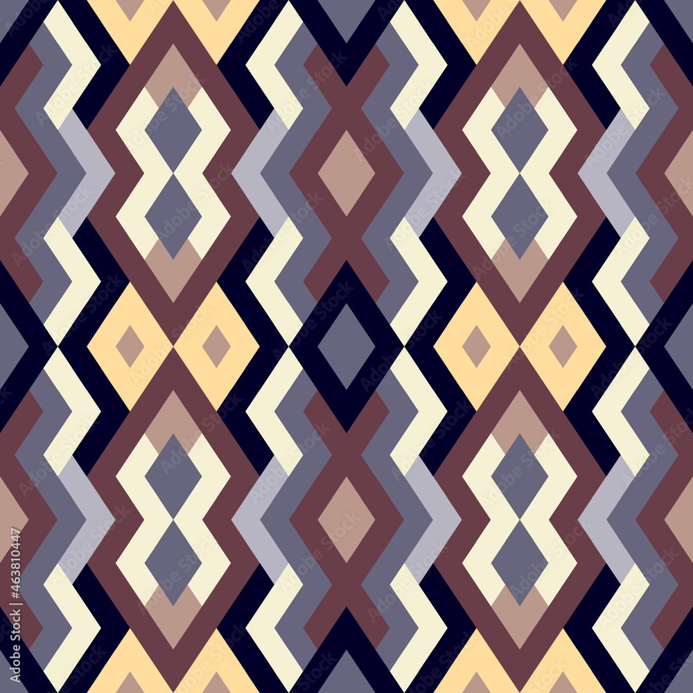 Abstract seamless pattern. Vector geometric background of triangles in violet and yellow colors. Mosaic texture for textile, clown, carpeting, warp, book cover, clothes Abstract seamless pattern. Vector geometric background of triangles in violet and yellow colors. Mosaic texture for textile, clown, carpeting, warp, book cover, clothes