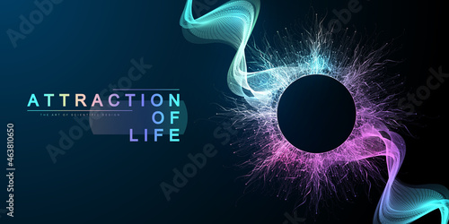 Attraction of life. Colorful abstract small particles and lines under high speed of motion. Circular explosion backdrop. Burst tech particles. Vector illustration
