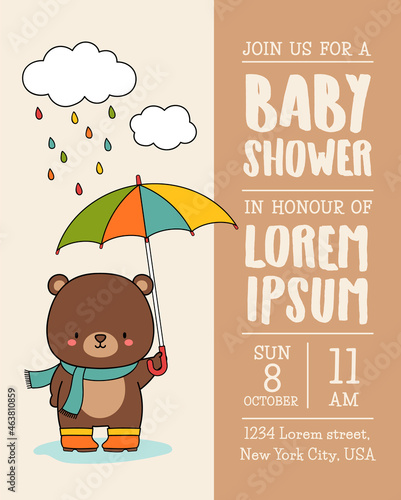 A cute bear holding umbrella with raining background illustration for baby shower card design template.