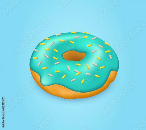 Realistic glazed donut sprinkled with multi-colored sticks. 3d vector illustration on blue background