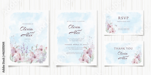 Set of pastel watercolor wedding invitation card with elegant flowers. Modern cover design template. Vintage spring floral illustration. Romantic frame background. Greeting cards