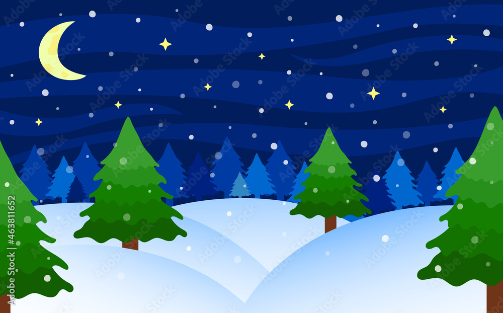 Winter night landscape. Snowy fir forest scenery. Winter season. Vector illustration