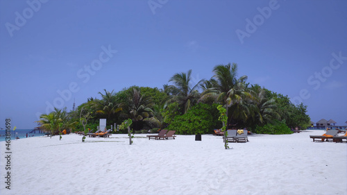 Sandy beach, sun loungers, palms, blue sky