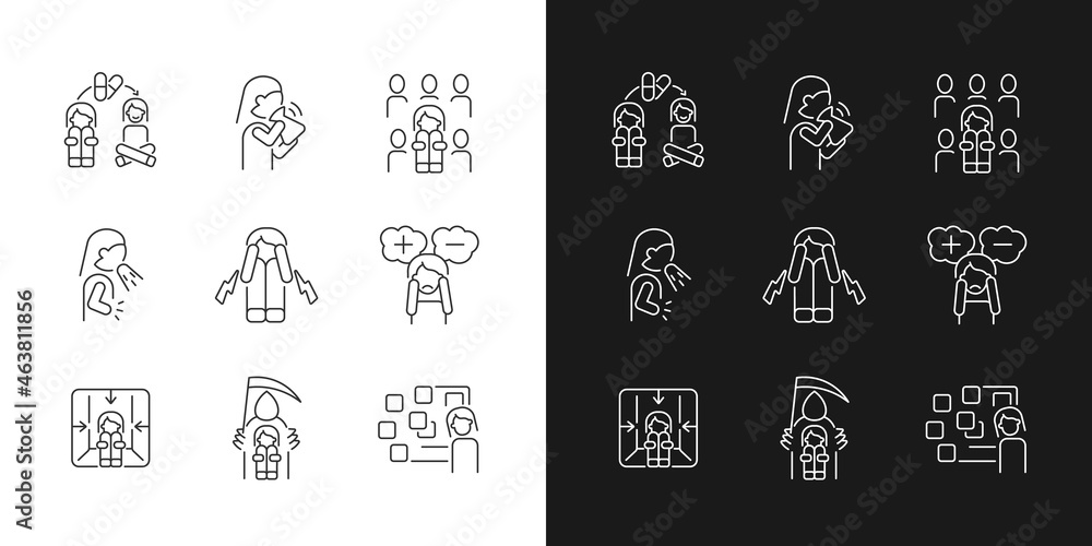 Phobias and its symptoms linear icons set for dark and light mode. Vomiting and nausea. Signs and treatment. Customizable thin line symbols. Isolated vector outline illustrations. Editable stroke Phobias and its symptoms linear icons set for dark and light mode. Vomiting and nausea. Signs and treatment. Customizable thin line symbols. Isolated vector outline illustrations. Editable stroke