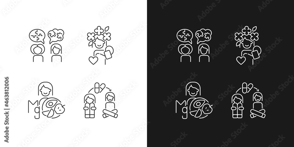 Mental disorders treatment linear icons set for dark and light mode. Depression therapy. Psychotherapy. Customizable thin line symbols. Isolated vector outline illustrations. Editable stroke
