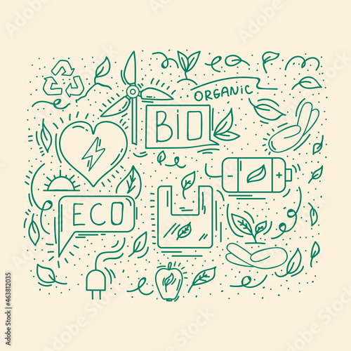 Background energy-saving natural doodle. Sustainable poster about solar energy, ecology. Organic background with icons for textile background. Vector illustration