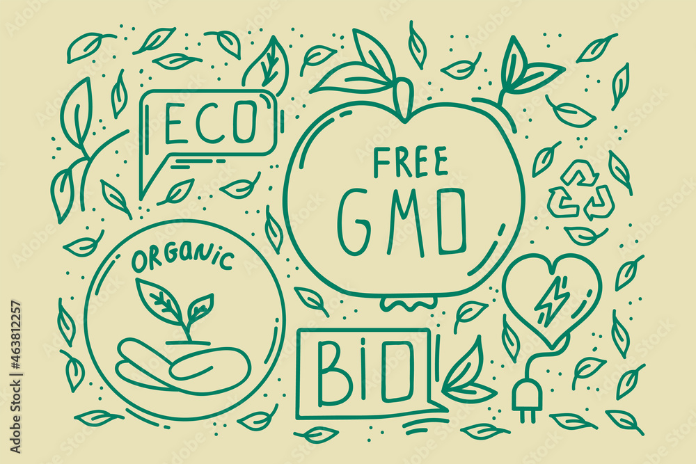 A pattern with energy-saving inscriptions. Organic icons in the doodle circle for textiles. Background about the Environment, with sustainable bio-organics, and ecology. Vector illustration