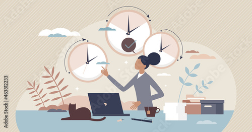 Flexible work with adjustable scheduled working hours tiny person concept. Time management based on personal choice to be effective and productive vector illustration. Business tasks optimization. photo