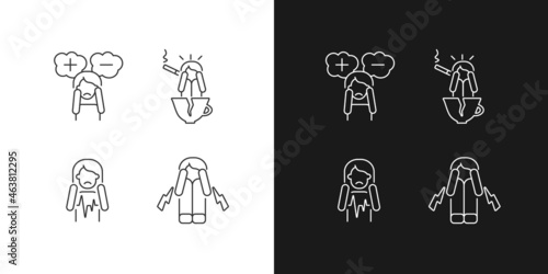 Physical symptoms of anxiety linear icons set for dark and light mode. Heart palpitation. Indecisive person. Customizable thin line symbols. Isolated vector outline illustrations. Editable stroke