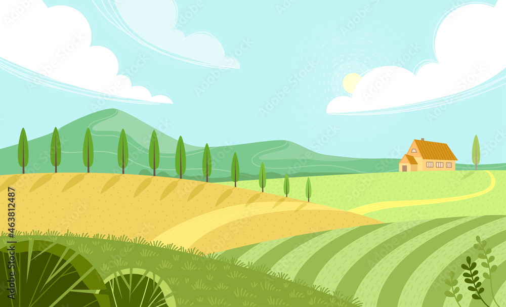 Obraz premium Rural landscape with sunny summer day in the village. Beautiful summer fields landscape with green hills, bright color blue sky and house. Country background. Green landscape with yellow fields.