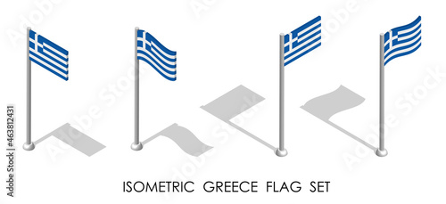 isometric flag of GREECE in static position and in motion on flagpole. 3d vector