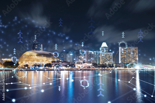 Photography Information flow hologram, night panorama city view of Singapore