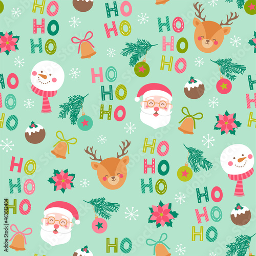 Cute christmas characters and elements seamless pattern background.
