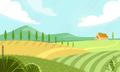 Rural landscape with sunny summer day in the village. Beautiful summer fields landscape with green hills, bright color blue sky and house. Country background. Green landscape with yellow fields.