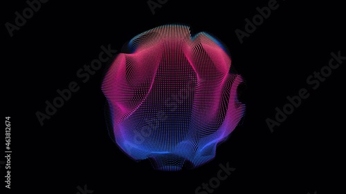Looped distortion waves on abstract sphere of particles. Digital data splash of spherical point array. Futuristic glitch UI element photo