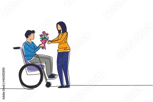 Single continuous line drawing woman and disabled man in wheelchair. Male give bouquet of flower to female. Family moral support. Disability rehabilitation. One line draw design vector illustration