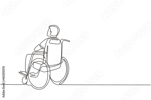 Single one line drawing back side of lonely old man sitting on wheelchair and looking at distant dry autumn leaves in outside. Lonely, forlorn, desolate, lonesome. Continuous line draw design vector