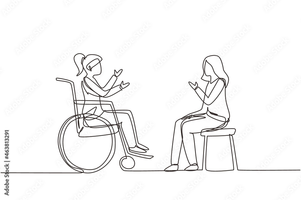 Single one line drawing two people sitting chatting, one using chair and one using wheelchair. Friendly woman are talking to each other, human disabled society. Continuous line draw design vector Single one line drawing two people sitting chatting, one using chair and one using wheelchair. Friendly woman are talking to each other, human disabled society. Continuous line draw design vector