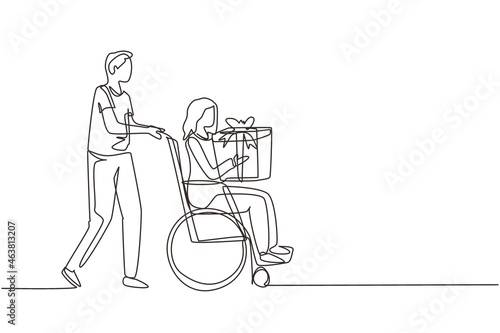 Continuous one line drawing male and disabled female in wheelchair. Man shopping and give gift box to woman. Caregiver, Family moral support. Disability rehabilitation. Single line draw design vector