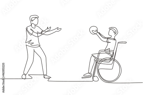 Single continuous line drawing happy lifestyle of disabled people concept. Little boy in wheelchair playing ball with male friend outdoors living active lifestyle. One line design vector illustration