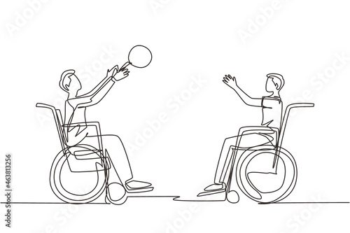 Single continuous line drawing joyful disabled young man in wheelchair playing basketball. Concept of adaptive sports for disabled people. Dynamic one line draw graphic design vector illustration