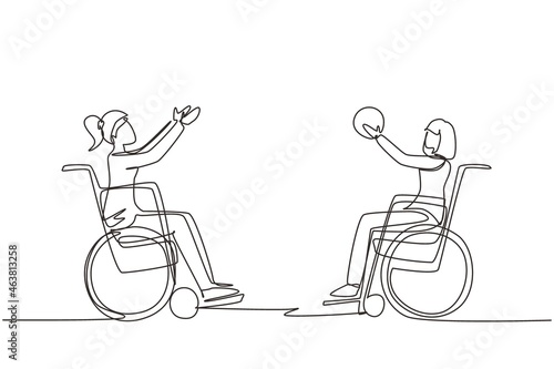 Single one line drawing joyful disabled young woman in wheelchair playing basketball. Concept of adaptive sports for disabled people. Modern continuous line draw design graphic vector illustration
