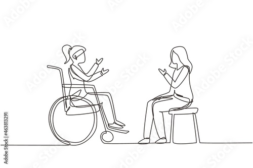 Single one line drawing two people sitting chatting  one using chair and one using wheelchair. Friendly woman are talking to each other  human disabled society. Continuous line draw design vector