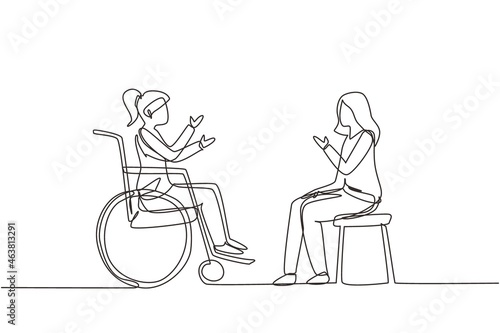 Single one line drawing two people sitting chatting, one using chair and one using wheelchair. Friendly woman are talking to each other, human disabled society. Continuous line draw design vector