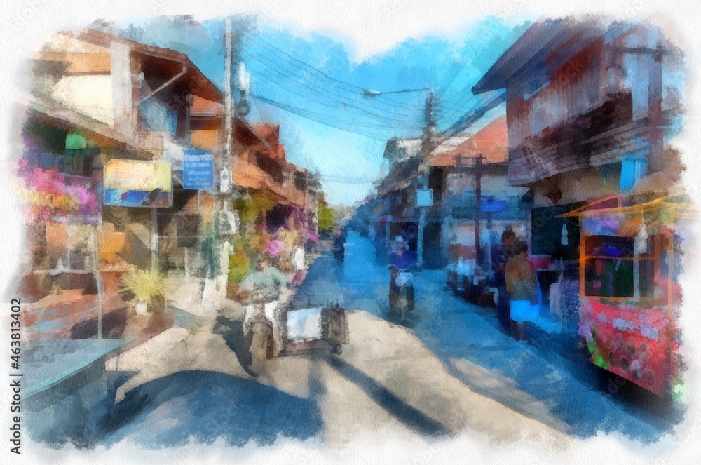 Landscape of commercial districts in the provinces of Thailand watercolor style illustration impressionist painting.