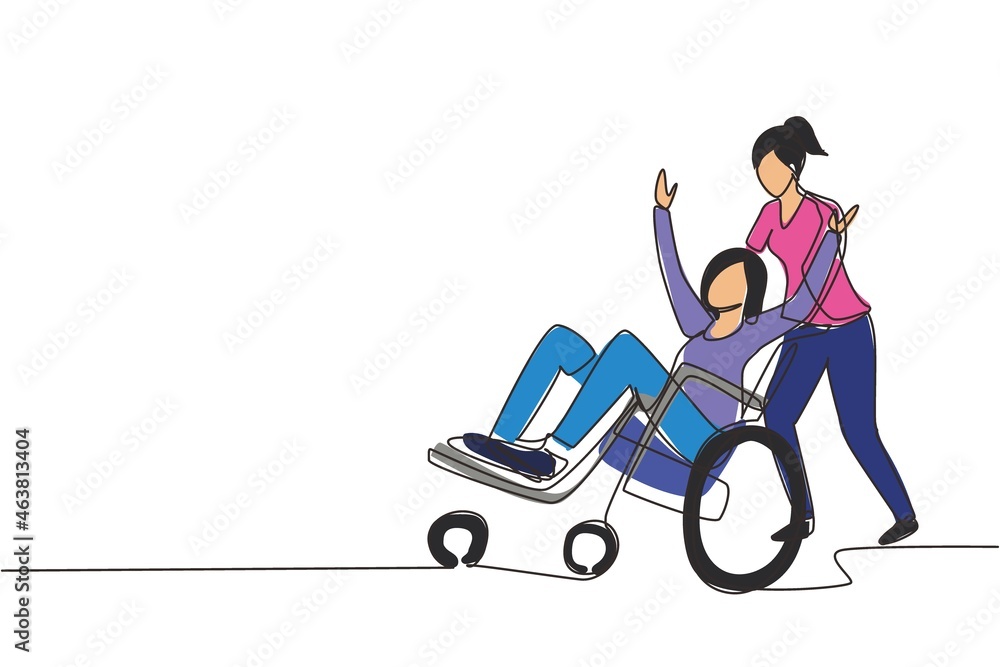 Continuous one line drawing young female volunteer helps disabled old woman, riding on wheelchair in park. Family care, volunteerism, disability care concept. Single line draw design vector graphic Continuous one line drawing young female volunteer helps disabled old woman, riding on wheelchair in park. Family care, volunteerism, disability care concept. Single line draw design vector graphic