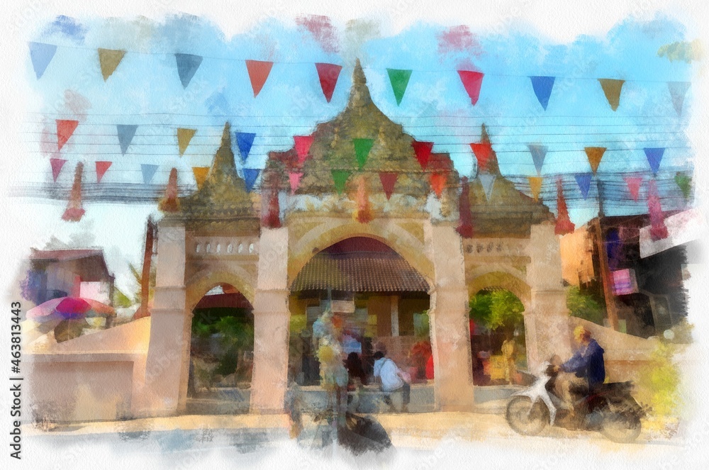 Obraz premium Ancient architecture of Thailand watercolor style illustration impressionist painting.