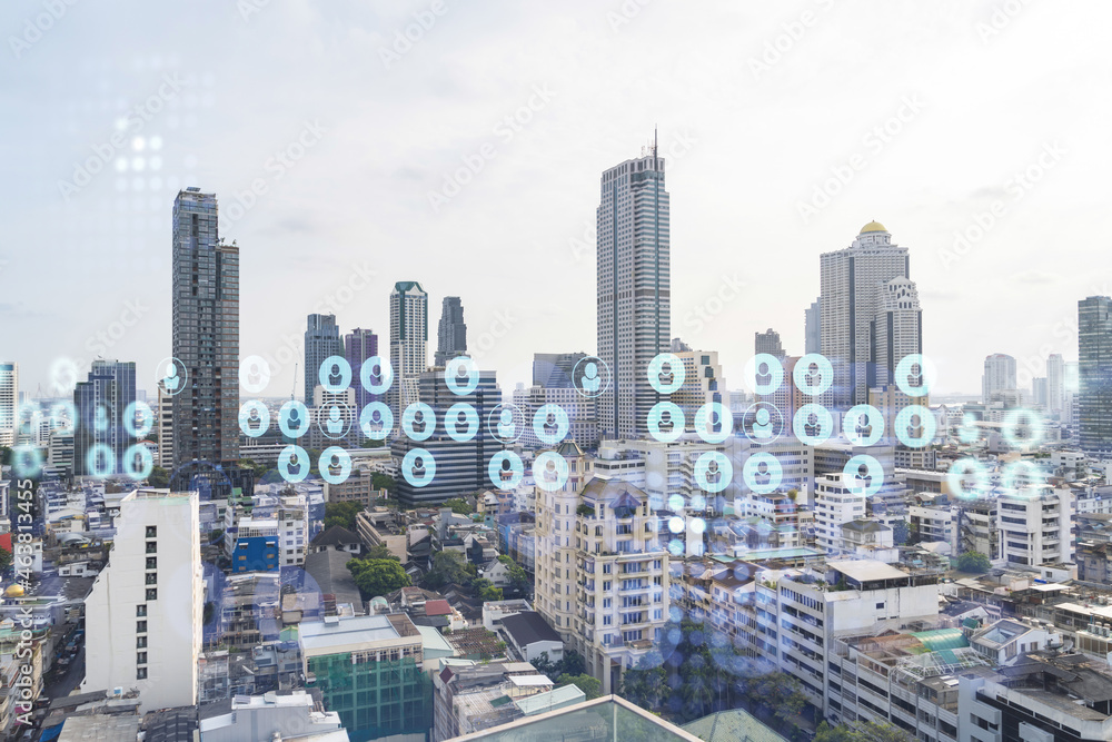 Fototapeta premium Social media icons hologram over panorama city view of Bangkok, Southeast Asia. The concept of people networking, connections and career opportunities. Double exposure.