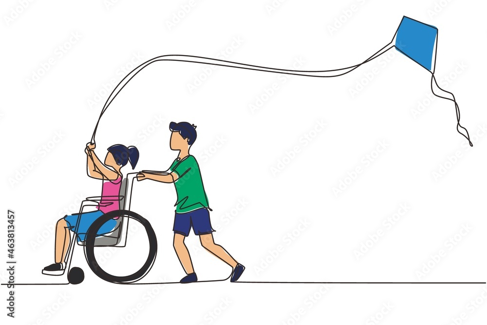 Vettoriale Stock Continuous one line drawing happy child disabled concept.  Hand drawn boy pushing little girl in wheel chair with flying kite.  Disabled has fun outside. Single line draw design vector illustration