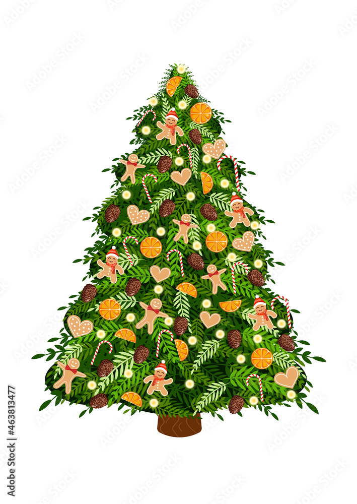 Fototapeta premium Christmas tree with natural toys made of gingerbread man, gingerbread, dry orange and a garland. Vector illustration for Christmas card, banner, poster.