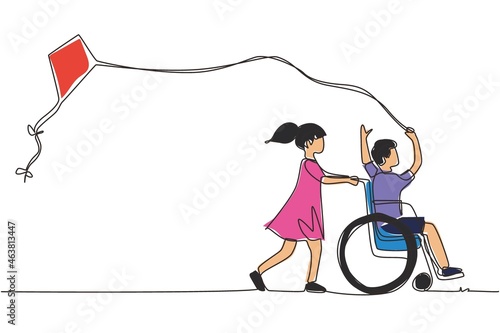 Single continuous line drawing happy child disabled concept. Hand drawn little girl pushing boy in wheel chair with flying kite. Disabled has fun outside. One line draw design vector illustration