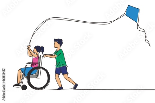 Continuous one line drawing happy child disabled concept. Hand drawn boy pushing little girl in wheel chair with flying kite. Disabled has fun outside. Single line draw design vector illustration